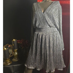 BCBG Paris Silver Metallic Pleated Lined Cocktail Dress Large